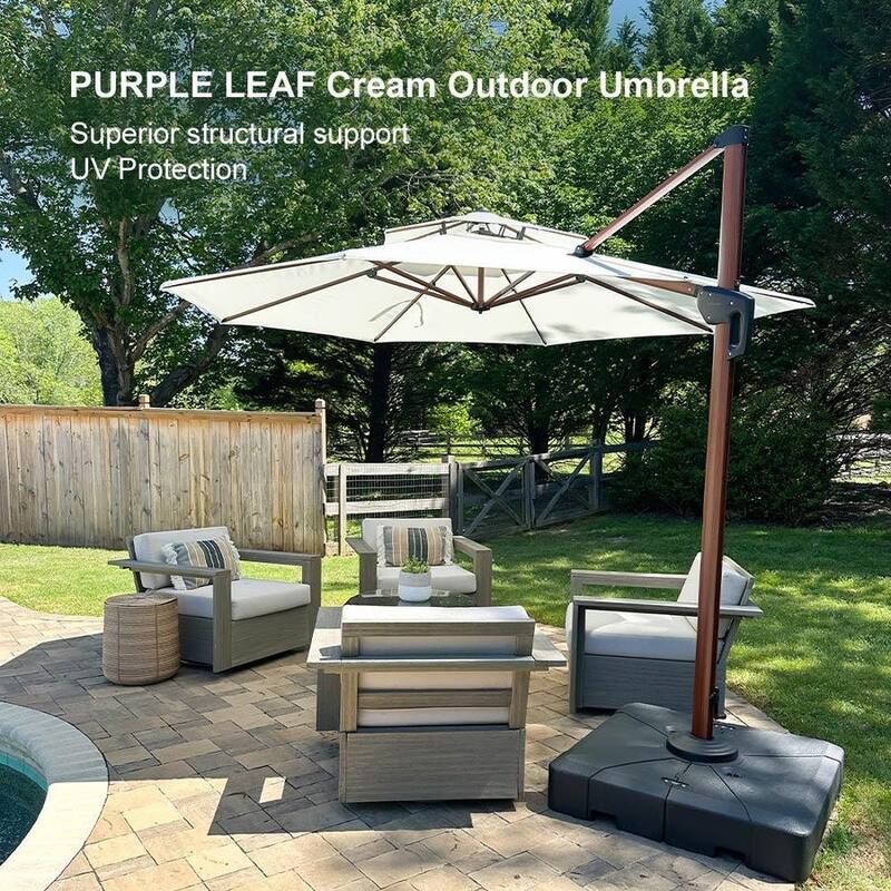 PURPLE LEAF 10/11/12ft Round Wood Pattern Patio Cantilever Umbrella with Base