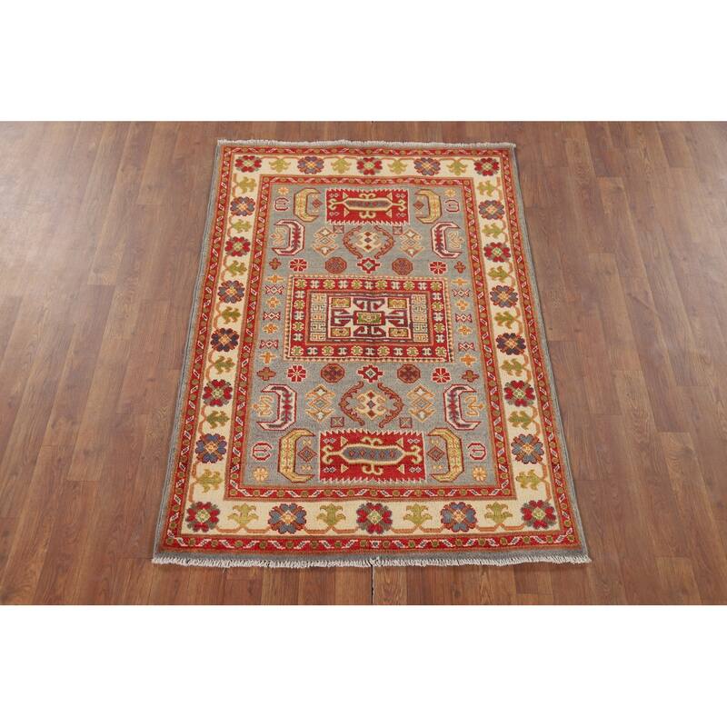 Geometric Kazak Accent Rug Handmade Wool Carpet - 3'4" x 5'0"
