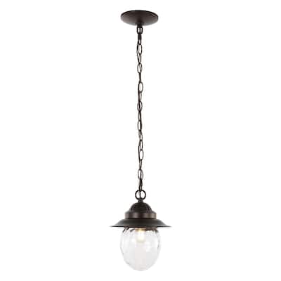 Glendale 8.25" 1-Light Farmhouse Industrial Iron/Glass Outdoor LED Pendant, Oil Rubbed Bronze/Clear by JONATHAN Y