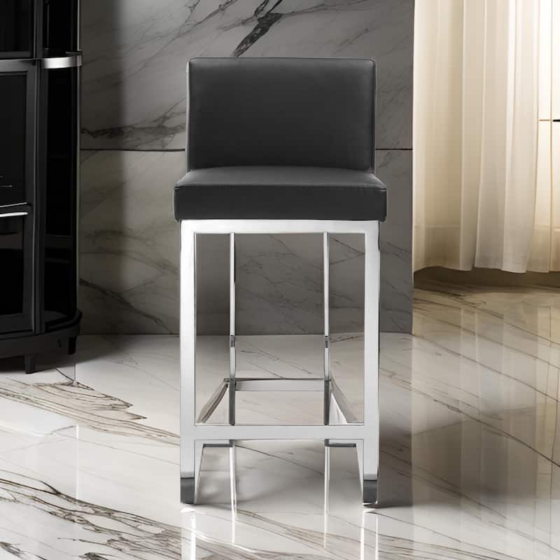 Boly 26 Inch Counter Height Chair, Black Faux Leather, Chrome Steel