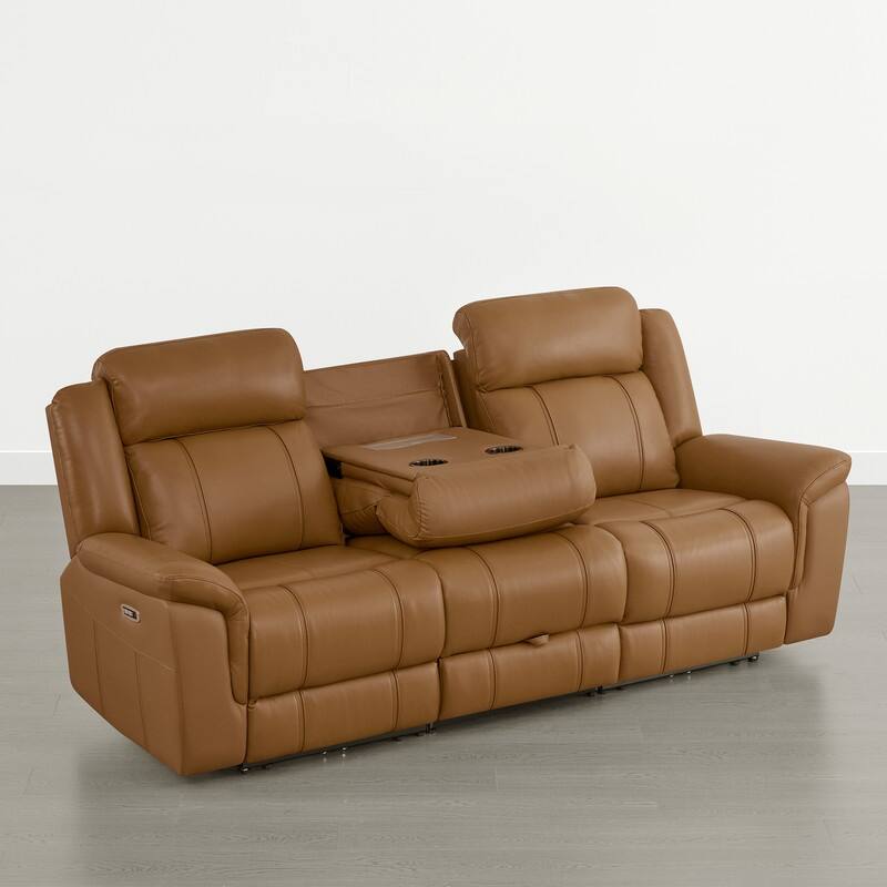 Spruce & Spring Genuine Leather Power Reclining Sofa with Optional Console & Flip-Down Table