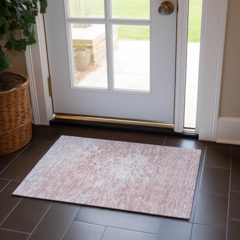 Machine Washable Indoor/ Outdoor Chantille Modern Vintage Floral Rug - Pink - 1'8" x 2'6"