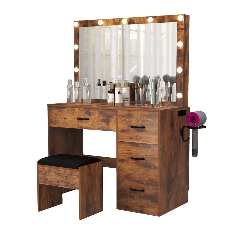 Black Vanity Desk Makeup Table Lighted Mirror Dressing - 35.4"L x 15.7"W x 53.5"H - Brown