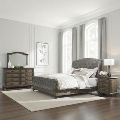 Chantel 4 Pc Queen Bedroom Set, Velvet Sleigh Design, Weathered Wood
