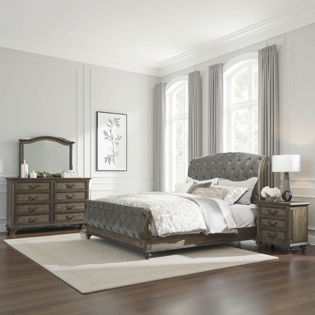 Chantel 4 Pc Queen Bedroom Set, Velvet Sleigh Design, Weathered Wood