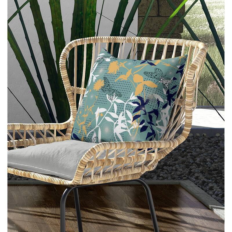 Butterfly Floral Orbit Indoor/Outdoor Reversible Throw Pillow Blue and Cyan