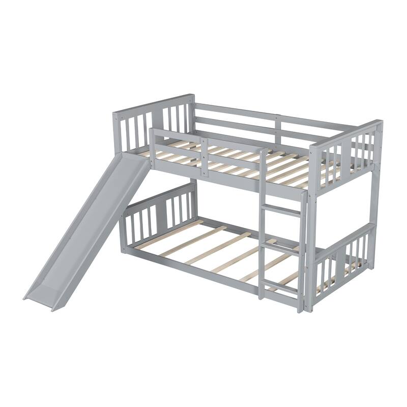 Twin Over Twin Low Bunk Bed with Slide and Ladder, Solid Wood Floor Bunk Bed Frame with Safety Guardrail, Detachable into 2 Beds