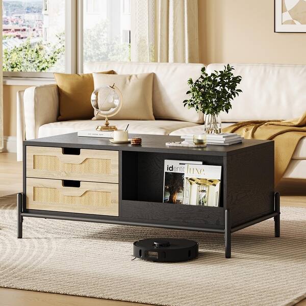 Mid Century Modern Coffee Table with 4 Drawers and Open Storage Shelf ...