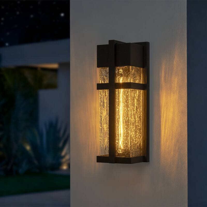 Modern Outdoor Wall Sconce with Seeded Glass - Black - Black