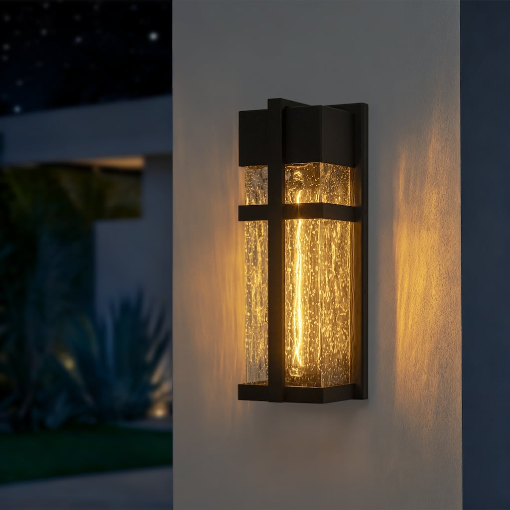 Modern Outdoor Wall Sconce with Seeded Glass - Black