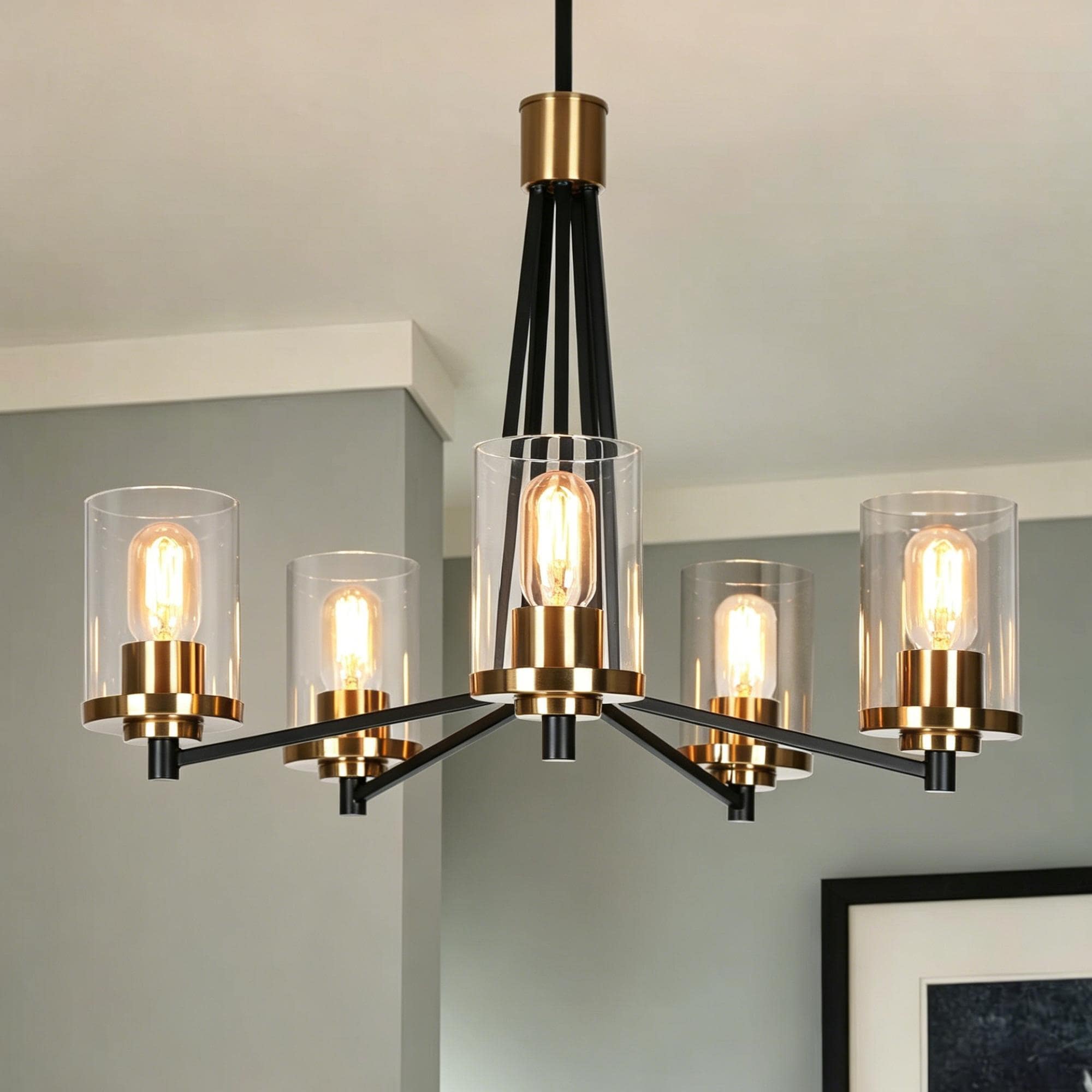 Modern Glam 5-Light Black Gold Chandelier Dining Room Chandelier with Cylinder Glass - 25 " D
