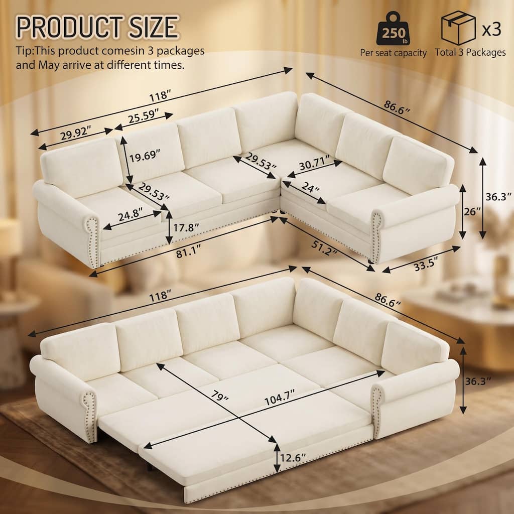 FurnitureR 118" L-Shaped Chenille Sectional Sofa with Pull-Out Bed, Beige White