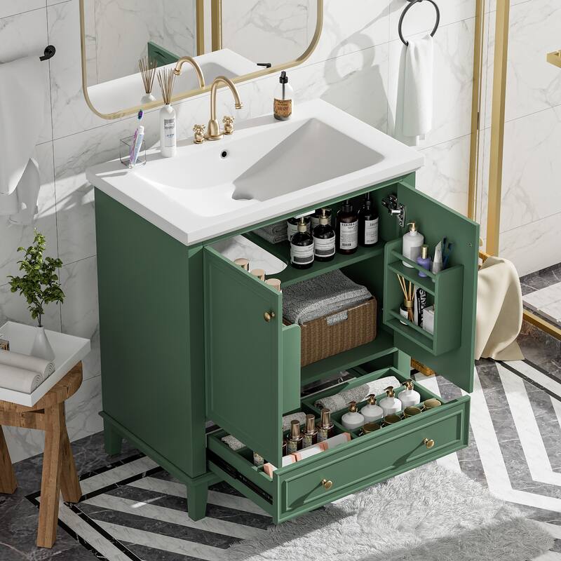 Bathroom Vanity with Ceramic Sink, Solid Wood & MDF Base, 1 Drawer & 2 Doors, Adjustable Shelf - 30in L Solid Wood+MDF - Dark Green