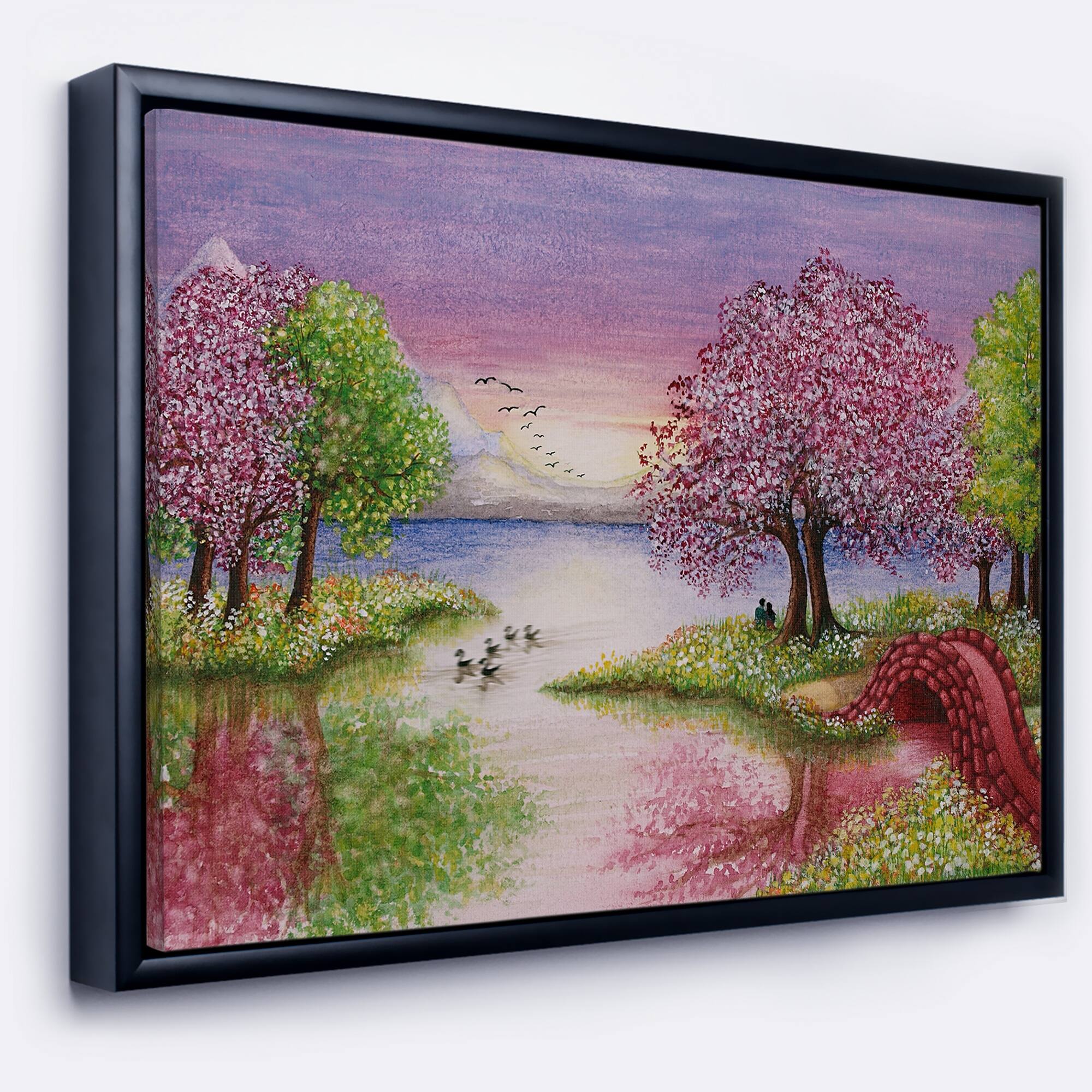 Designart "Romantic Lake in Pink and Green" Landscape Framed Canvas Art