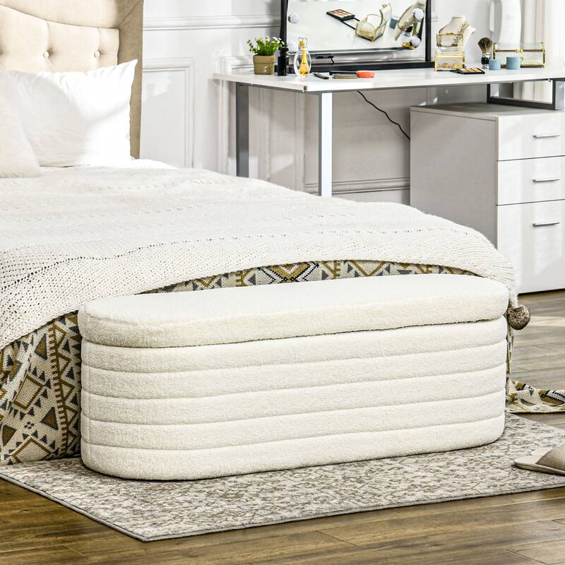 46" Storage Ottoman Bench, Teddy Fleece Upholstered Storage Bench with Wood Frame, Bedroom Bench