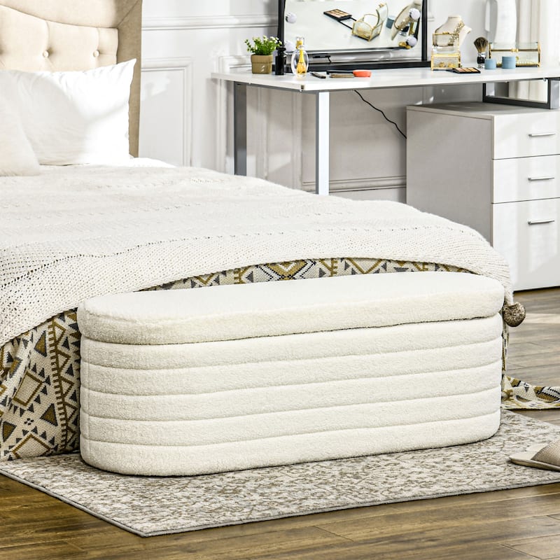 HOMCOM 46" Storage Ottoman Bench, Teddy Fleece Upholstered Boucle Storage Bench with Wood Frame, Bedroom Bench for Living Room - Cream