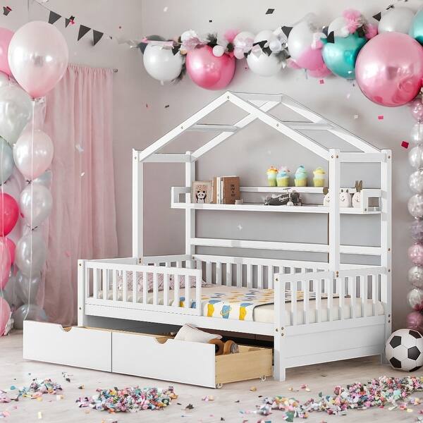 slide 2 of 33, Twin Size Wooden House Bed Kids Bed with 2 Drawers and Storage Shelf White
