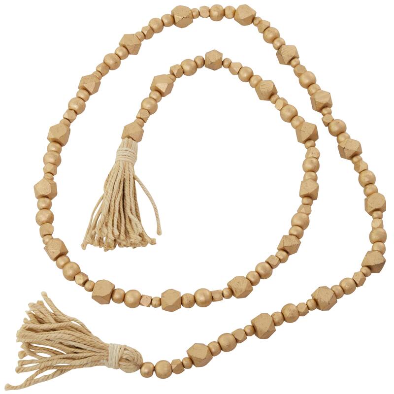 Bohemian Natural Wood Bead Garland with Cotton Tassels - 80 x 1 - Gold - Mixed Bead