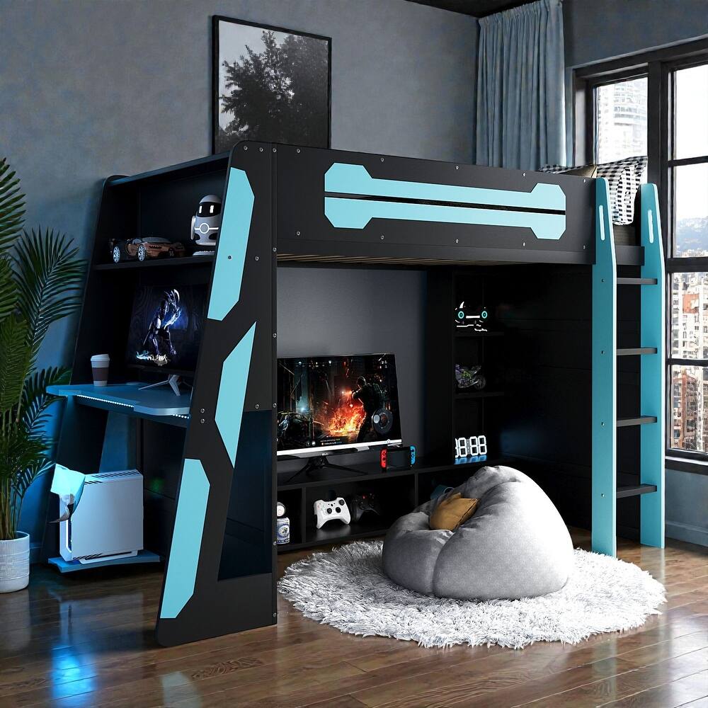Twin Size Gaming Loft Bed with Desk, Multi-Storage Shelves, RGB Light Strip, Wood Frame, Esports Style Setup