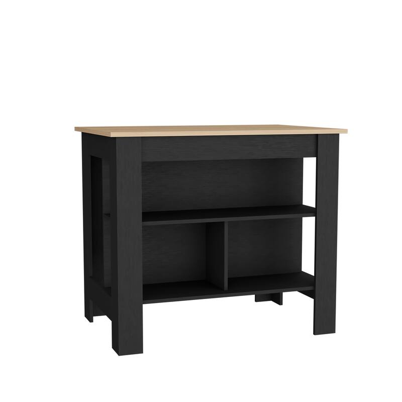 Spacious Kitchen Table Island, 3 Shelves, 35" High, Black & Light Oak Finish