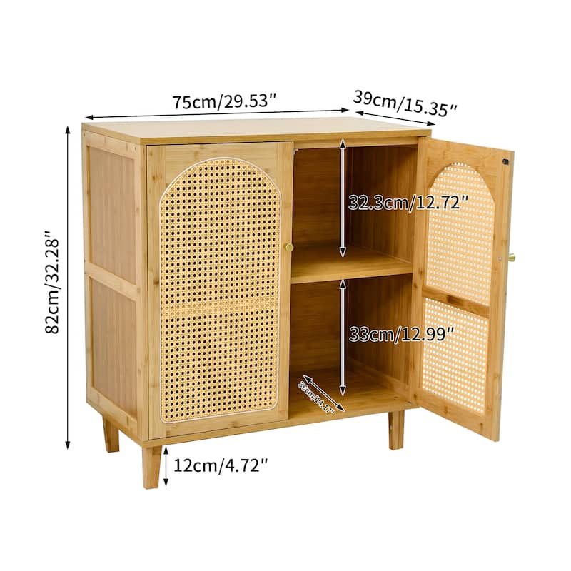 Kitchen Pantry Cabinet Bamboo Sideboard Buffet Cabinet with 2-tier Storage Rattan Door - 29.53"x15.35"x32.28"