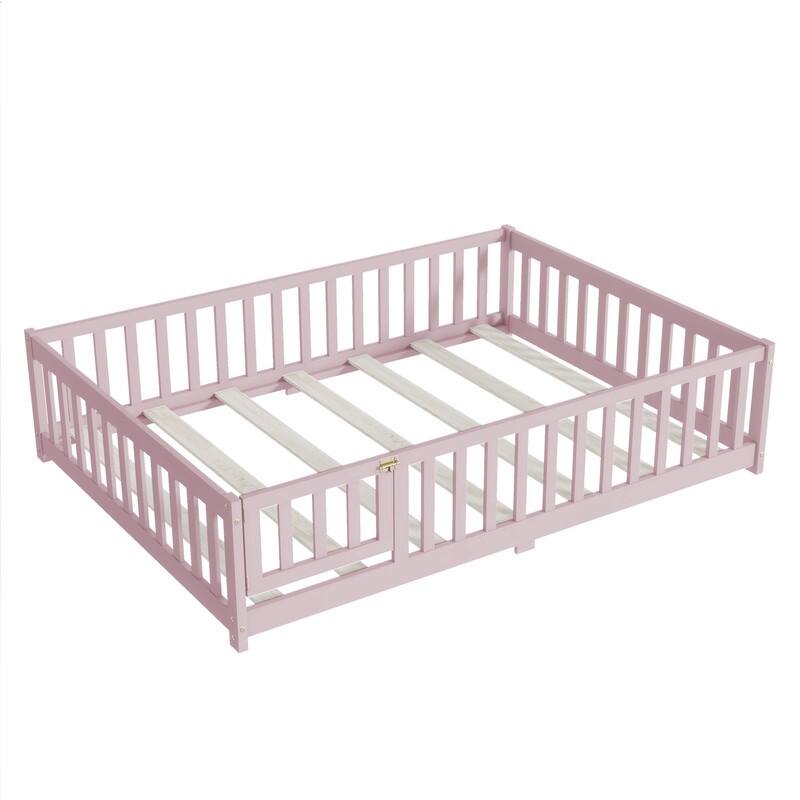 Twin/Full/Queen Size Floor Bed with Fence Guardrails and Door, Rubber Wood Toddler Bed Montessori Bed with Slats Support
