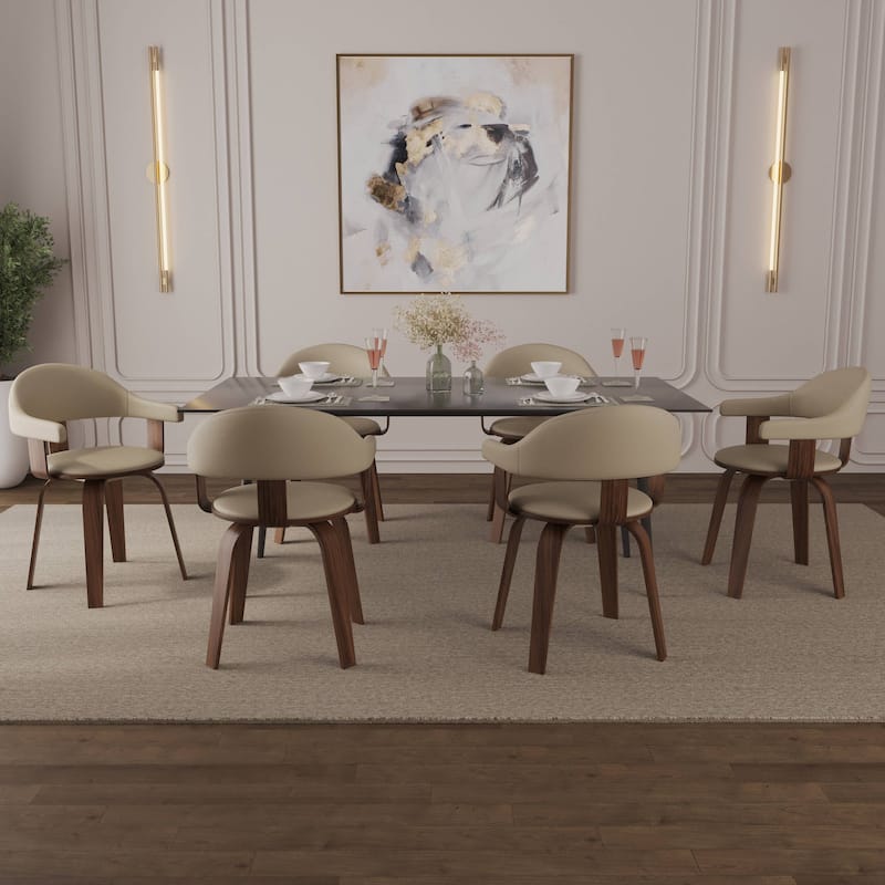 Leather Dining Chair in Solid Wood Accent Arm Chair Open Curved Back Design