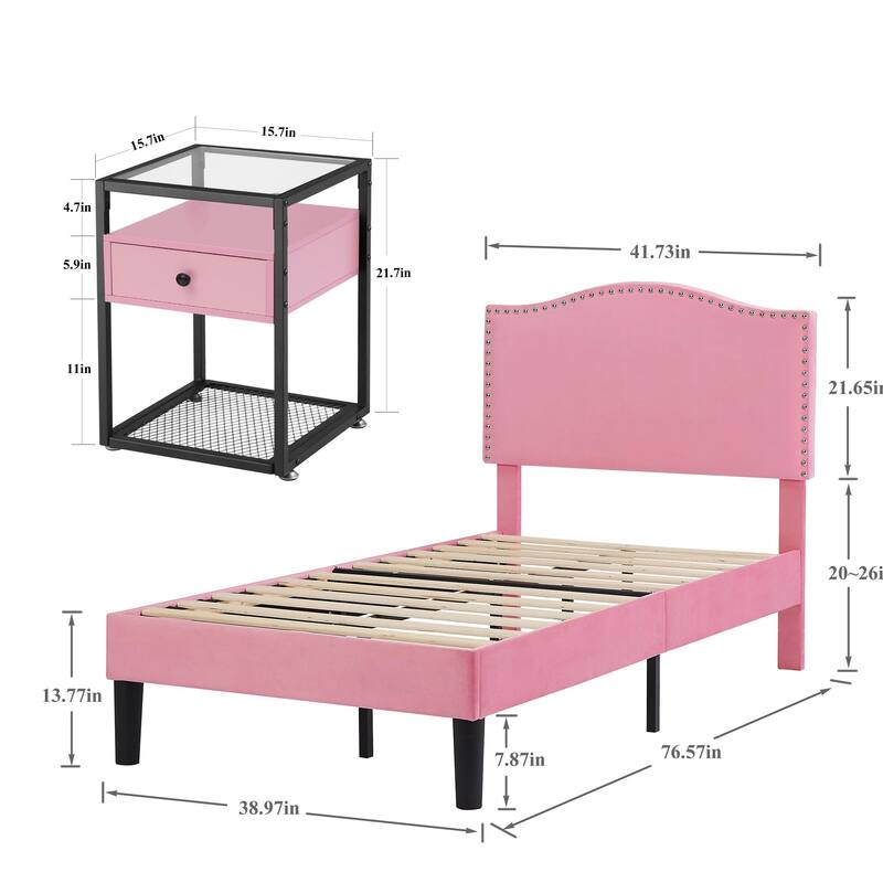 VECELO, Five Colors, 3-Pieces Upholstered Platform Bed Frame with Adjustable Headboard and Nightstands Set of 2