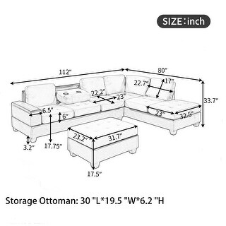 L Shaped Couch Set with Ottoman and Two Cup Holders