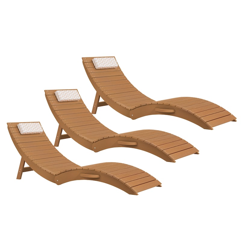 3-Piece Folding HDPS Plastic Outdoor Pool Chaise Lounges with Headrest Cushion