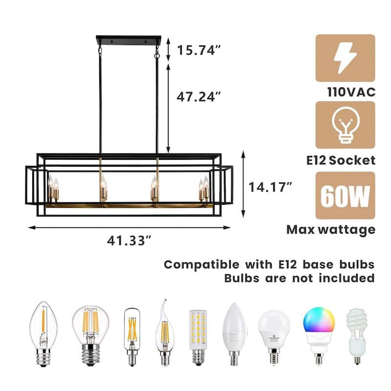 Modern 8-Light Black Gold Chandelier Linear Pendant Light for Kitchen Island - N/A