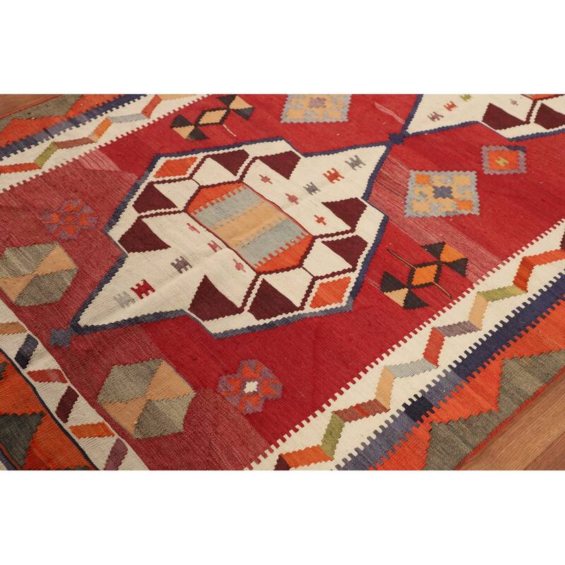 Geometric Kilim Qashqai Persian Vintage Rug Hand-Woven Wool Carpet - 4'5"x 8'1"