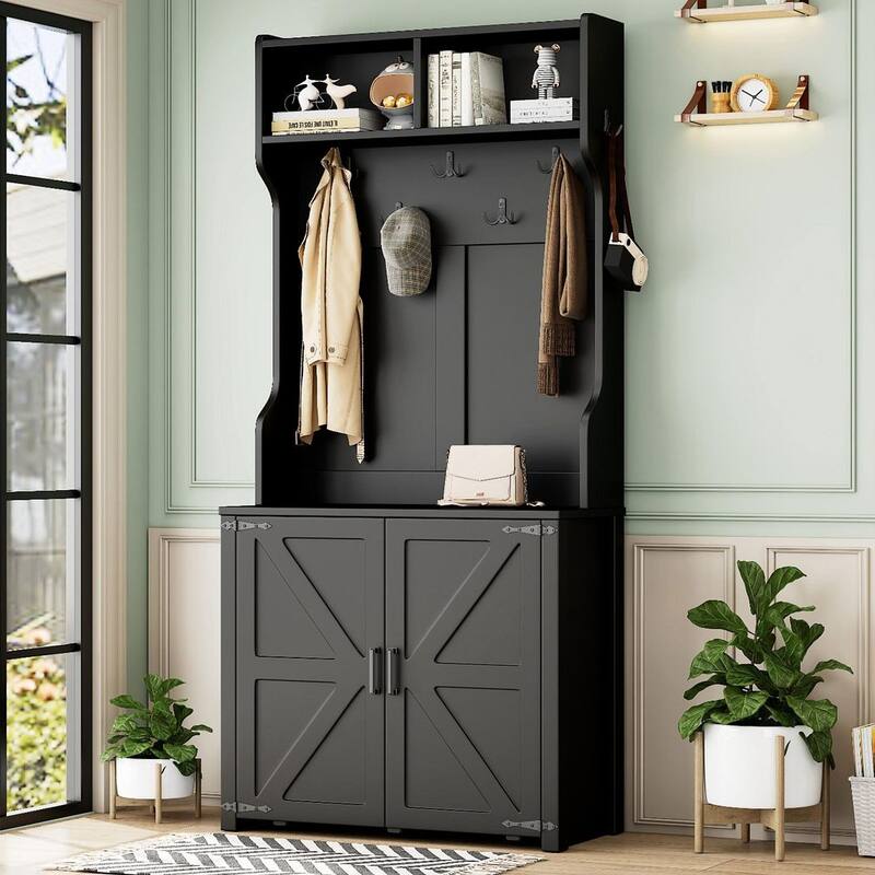 Versatile Hall Tree With Bench Shoe Storage Black Hooks
