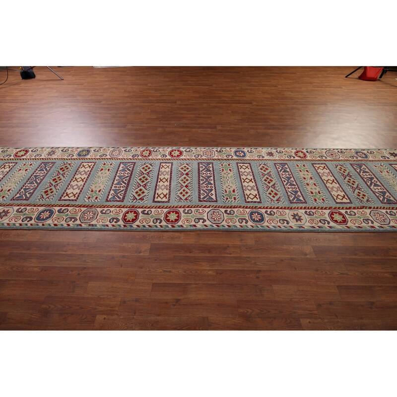 Blue Kazak Oriental Runner Rug Hand-Knotted Geometric Wool Carpet - 3'3" x 16'3"