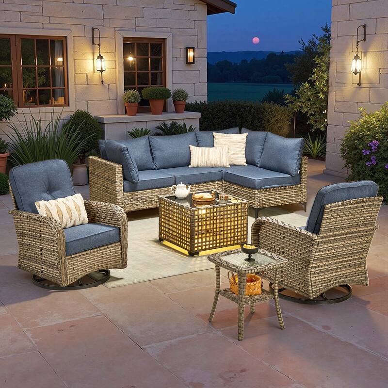 HOOOWOOO 8-piece Outdoor Seating Sofa Patio Wicker Swivel Chair Set - Denim Blue