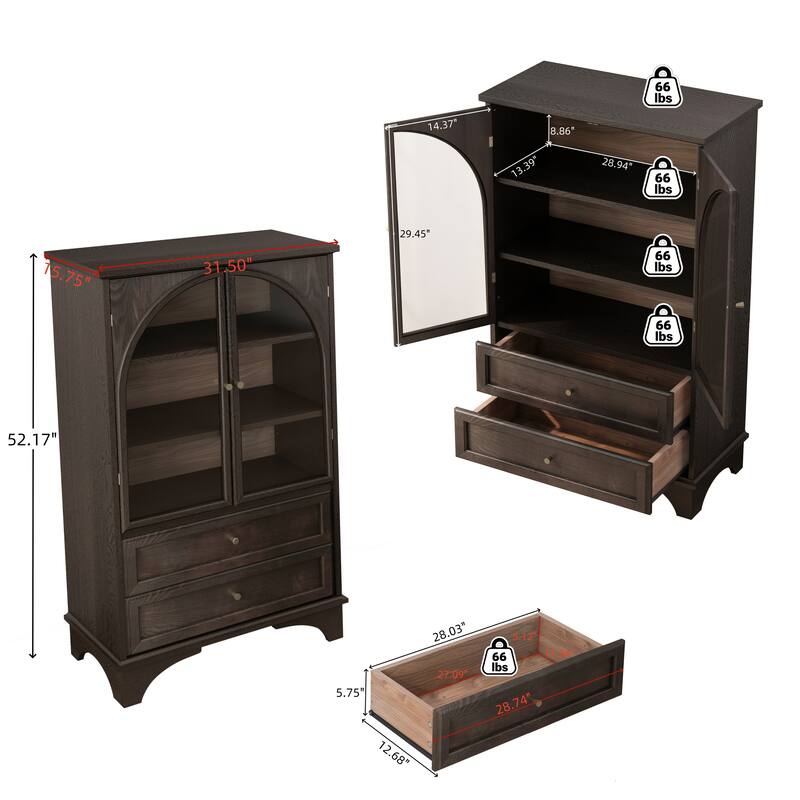 GDFStudio Calystrian Glass Door Curio Storage Cabinet with Adjustable Shelves