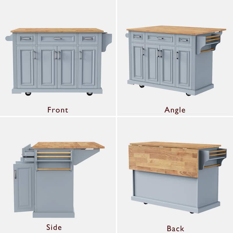 54" Wood Rolling Kitchen Island with Drop Leaf,4 Doors and 3 Drawers