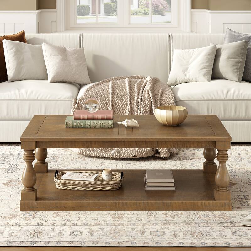 2-Tier Storage Coffee Tables with Vase Column Legs,Antique Wood Coffee Table Farmhouse 45" Rectangular Center Table