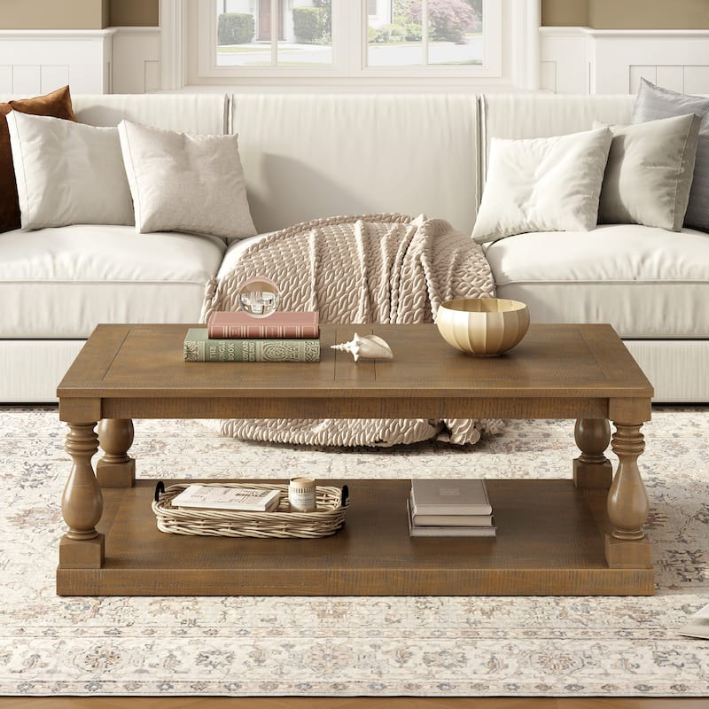 Rustic Solid Wood Floor Shelf Coffee Table with Storage