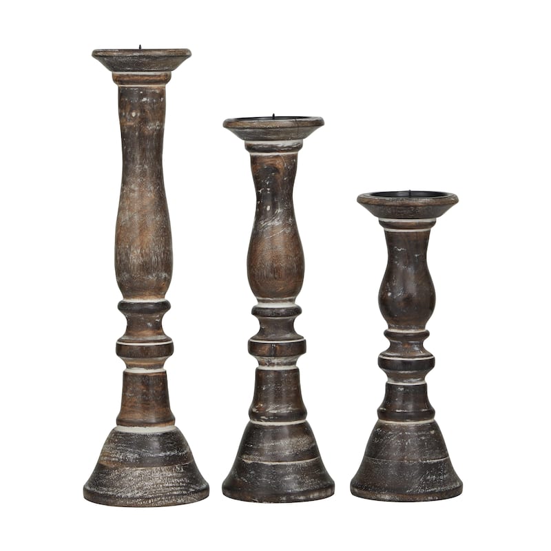Wood Turned Style Pillar Candle Holder - Set of 3 Black, Gray - Roche River Decor