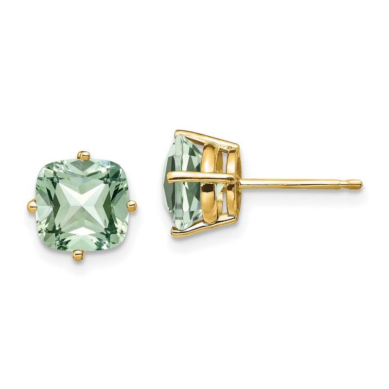 Curata 14k Yellow Gold 7mm Cushion Green Amethyst Earrings