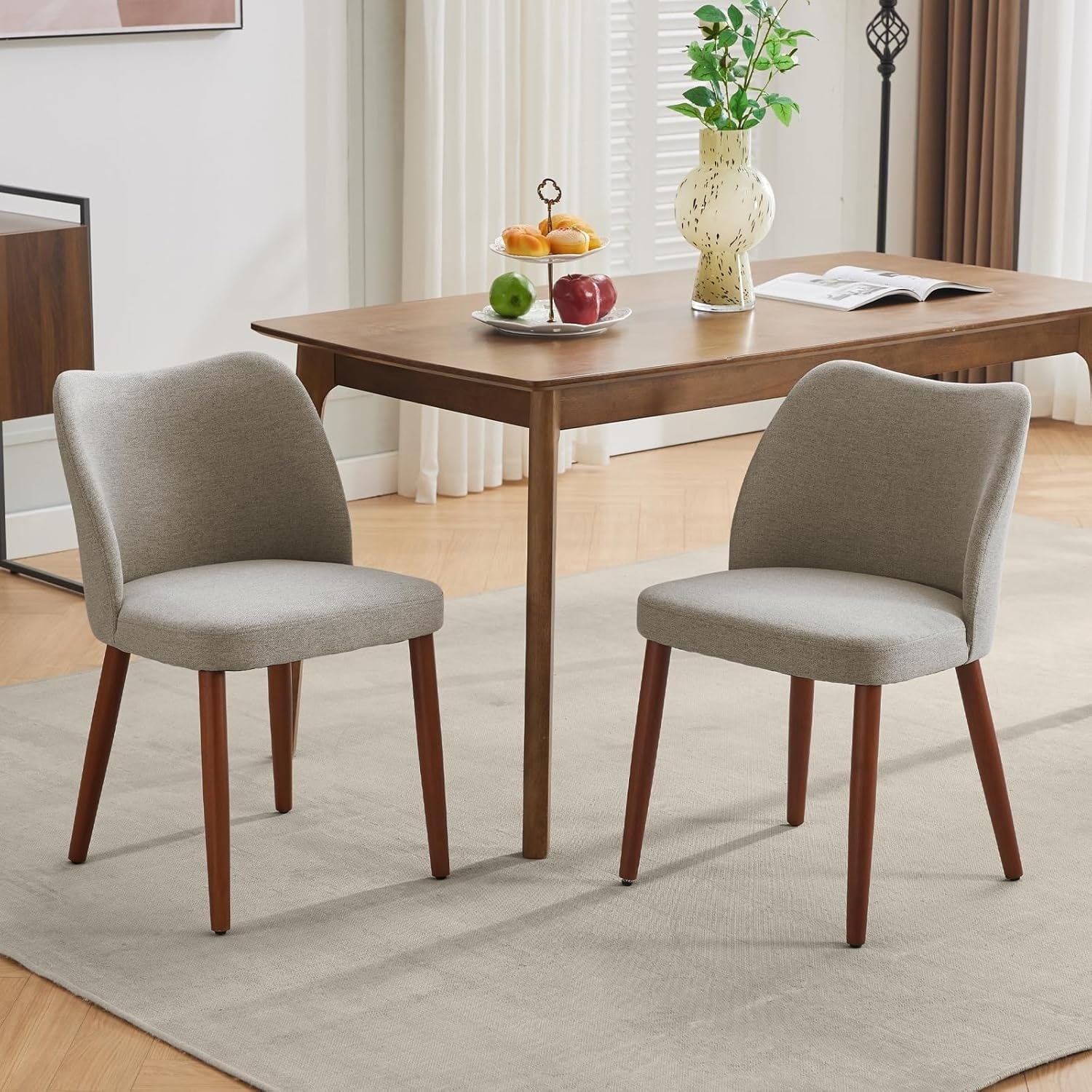 Wooden Dining Chair, Linen Upholstered Kitchen Chair with Sold Wood Legs, Wing Backrest, Thick Cushions