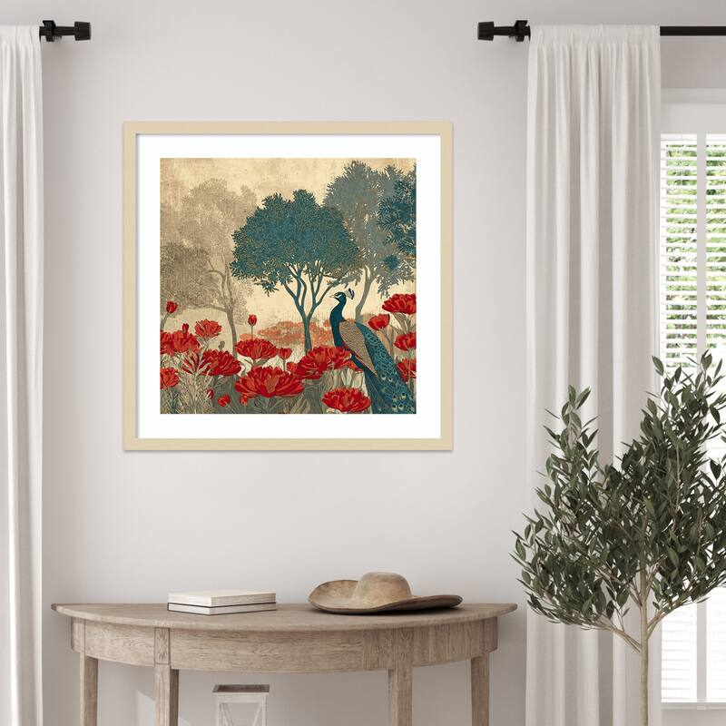 Peacock Mughal Mural Designs No. 7 by Tradelink inhouse artist Wood Framed Wall Art Print - Svelte Natural