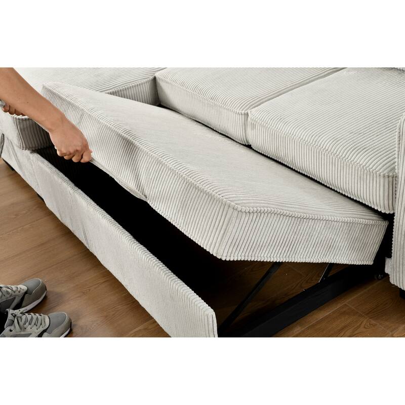 L-Shaped Sectional Convertible Sleeper Sofa Bed with Storage, USB Port & Cup Holder - Beige