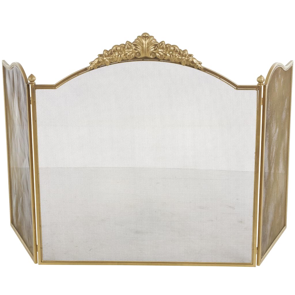 Metal Floral Ornate Antique Arched 3 Panel Fireplace Screen with Finial Accents - Gold - Roche River Decor