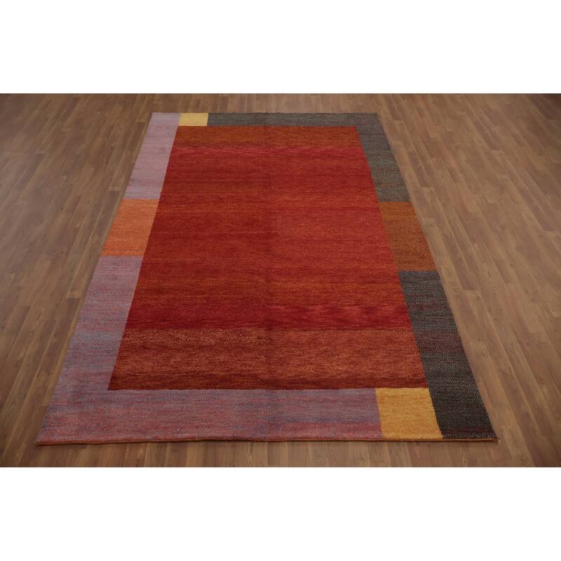 Hand Knotted Oriental 100% Wool Carpet Modern Geometric Oranges & Rust Gabbeh Area Rug - 9' 8'' X 6' 5''