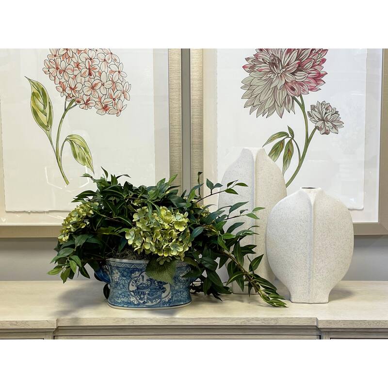 Hydrangea and Ruscus Arrangement in Ceramic Pot - Green, Blue, White