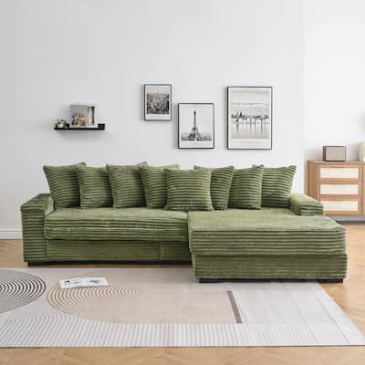 111.4" Green Corduroy L-shaped Sofa with 8 Throw Pillows and Matching Foot