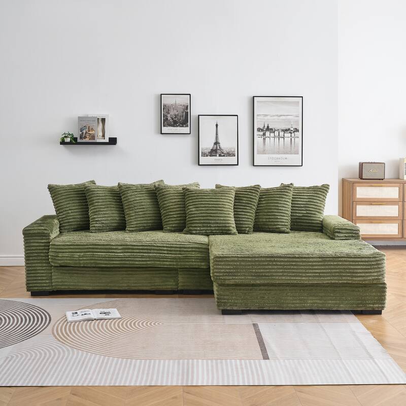 111.4 " L-Shaped Corduroy Sofa with 8 Throw Pillows and Footstool - Green
