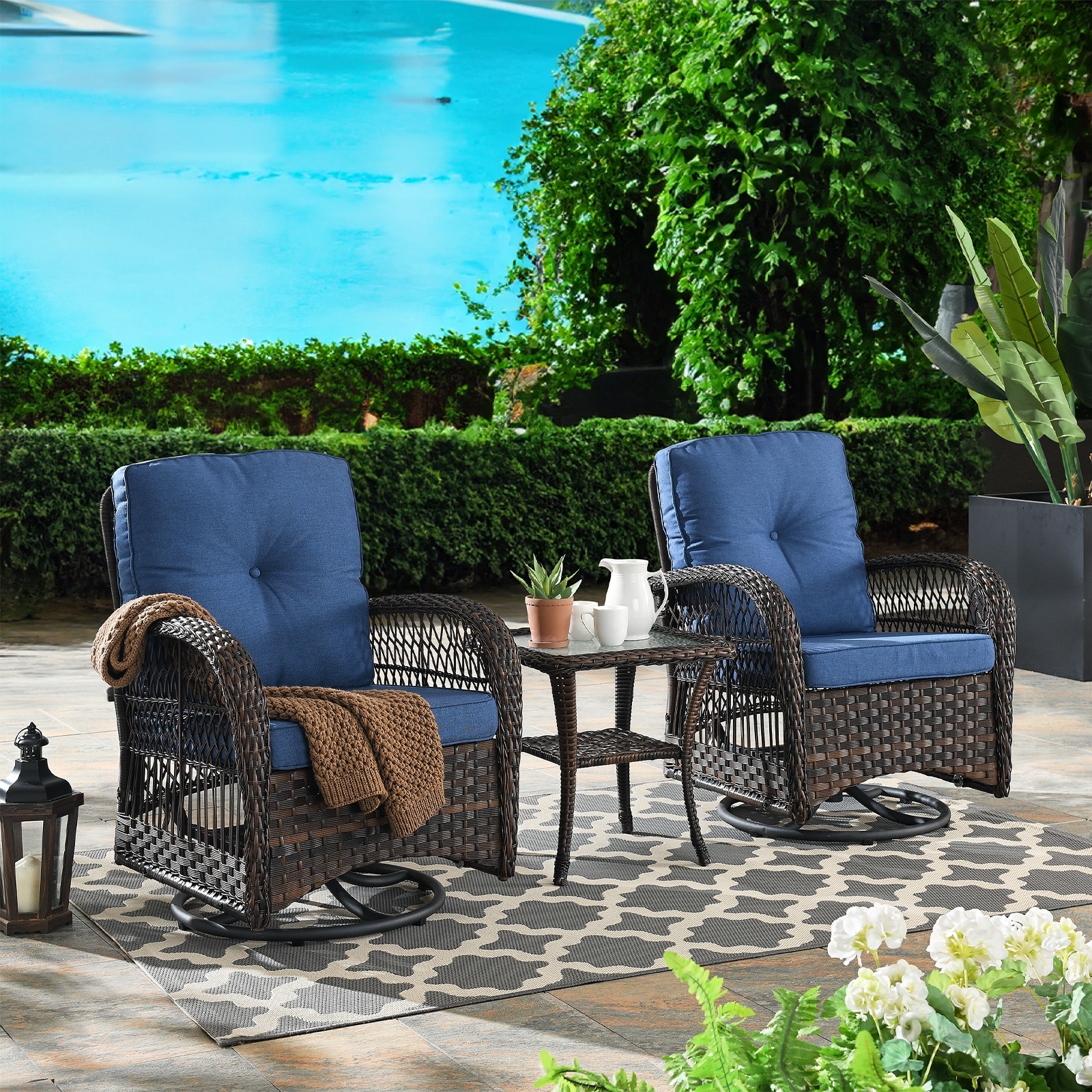 Gymojoy Outdoor 3-piece Rocking Swivel Chair Set Weather-resistance - Brown Wicker